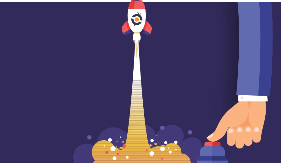 Illustration d’une fusée aux couleurs de CIBee décollant sous la pression d’un bouton